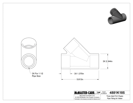 Technical drawing of Thick-Wall PVC Plastic Pipe Fitting for Water, Wye Connector, 1-1/2 Pipe Size Socket-Connect Female.